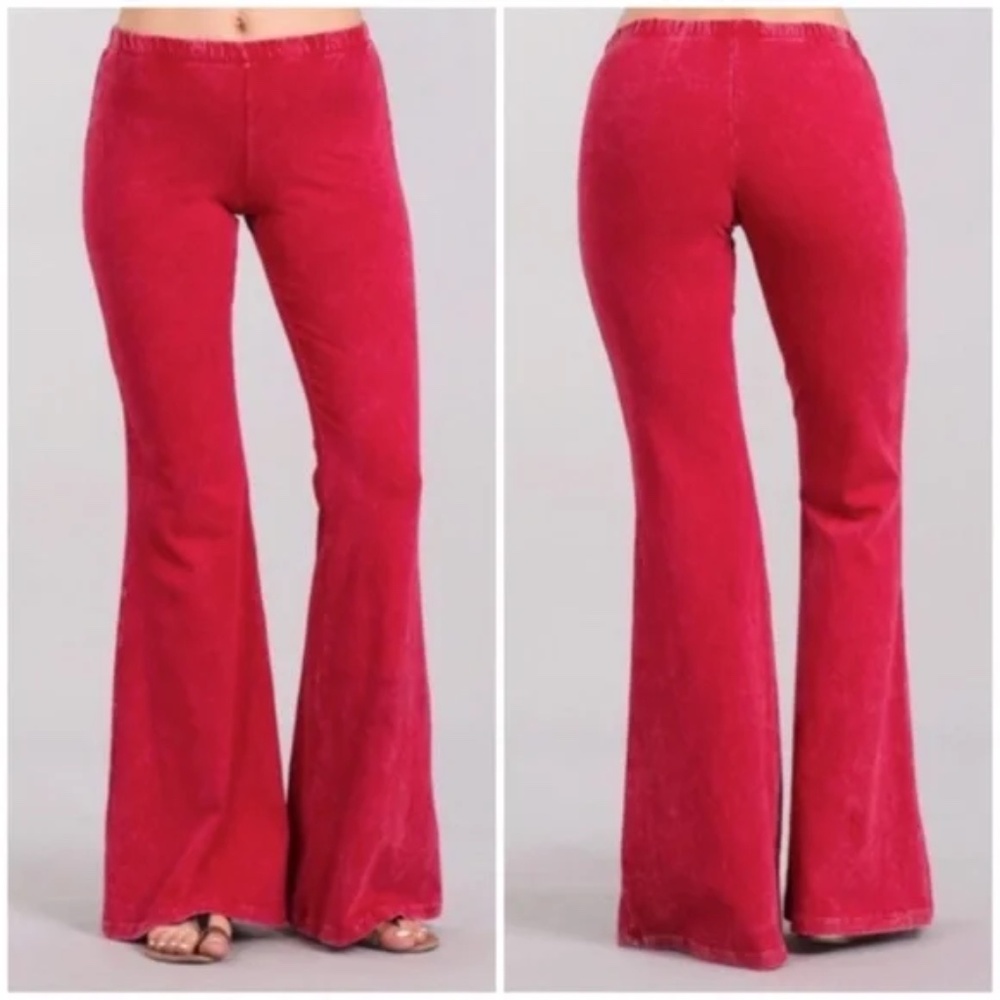 Raspberry Boho Mineral Wash Flared Pants